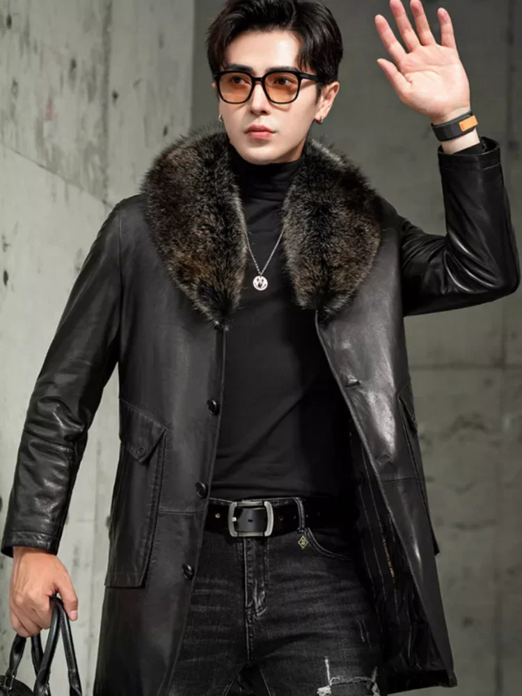 Men Luxury Business Winter Work Mid Long Thick Warm Down Coat Fur Collar Single Breasted Sheepskin Genuine Leather Jacket Trench