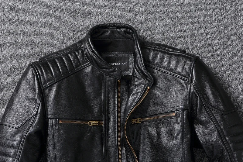 Men's Natural Leather Jacket First Layer Calfskin Stand Collar Motorcycle Jacket Retro Brown Cowhide Jacket Men‘s Biker Clothes