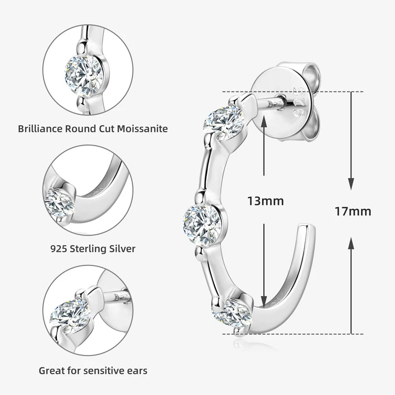 Lnngy Certified 3mm Moissanite Earrings for Women 925 Sterling Silver Unique C-shaped Stud Earring Classic Fine Jewelry Gifts