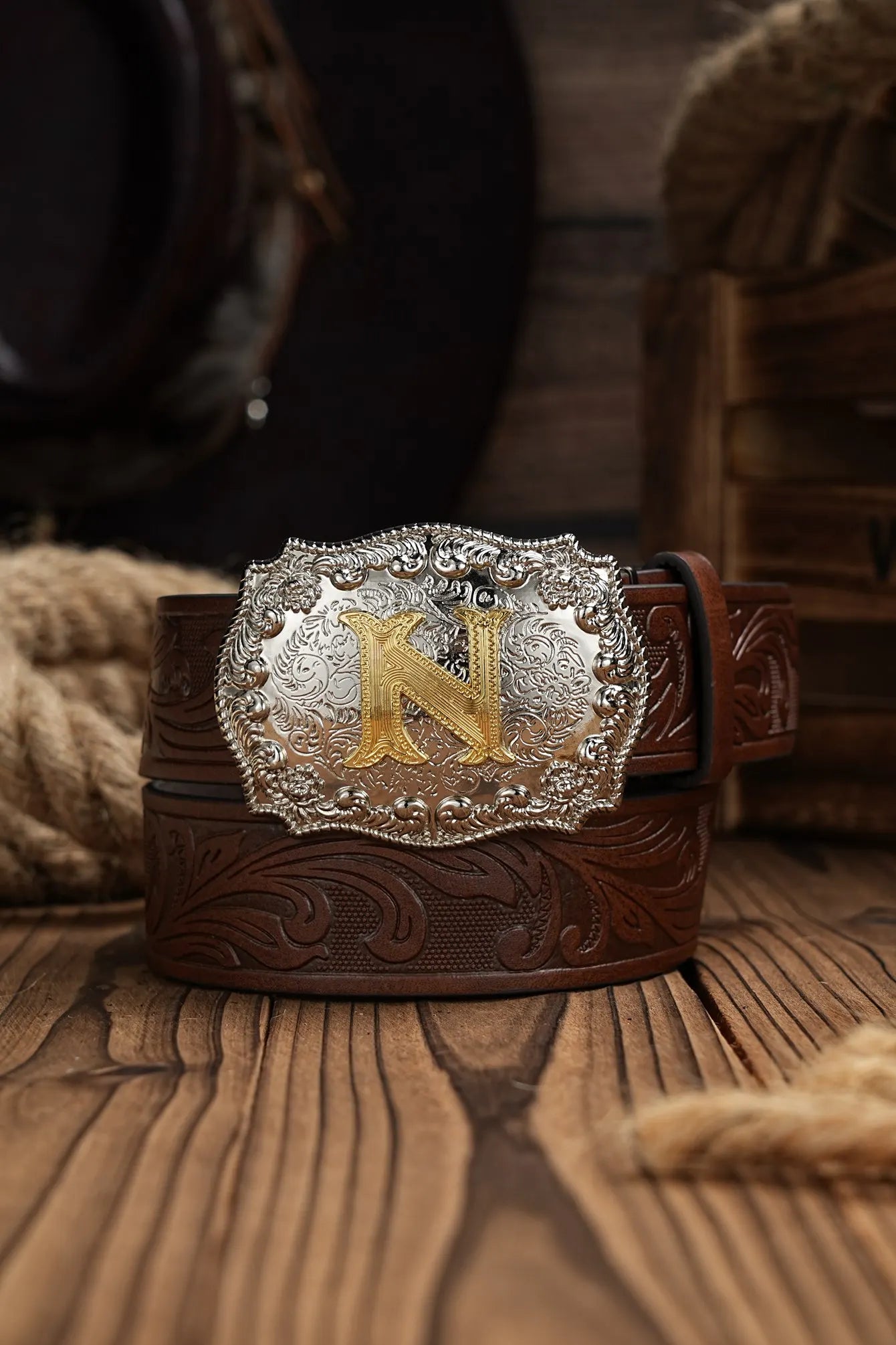 Western Cowboy PU Leather Belt - Men Waist Strap Bull Decoration Floral Engraved for Jeans