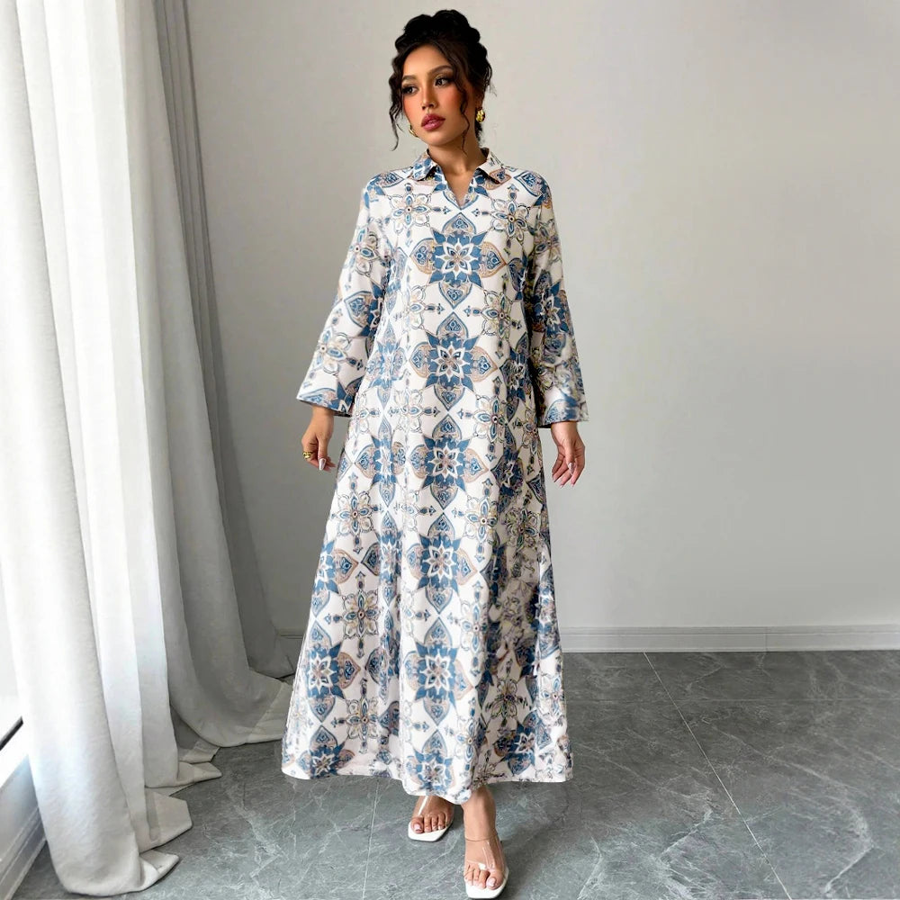 Rafiah Women's Summer Long Dress 2025 Arabian Dress Traditional Long Sleeve V-Neck A-Line Maxi Full Print Casual Dress