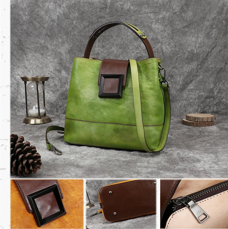 MOTAORA Women's Vintage Bucket Bag Genuine Top-Grain Leather Handmade Purse Luxury Designer Casual Office Travel Shoulder Bag