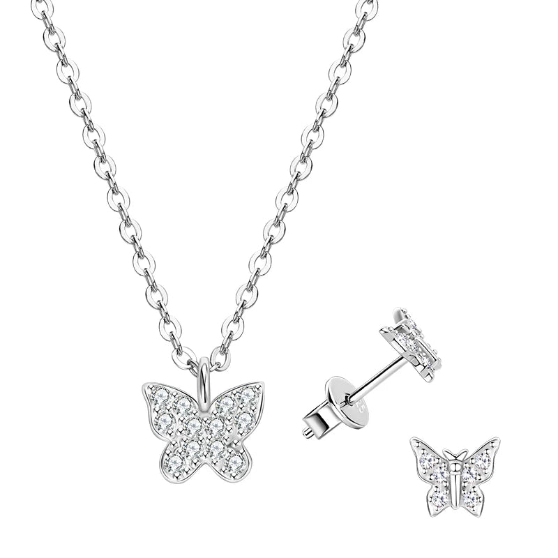Lnngy Genuine 925 Silver Butterfly Pendant Necklaces Exquisite Moissanite Necklace Stud Earring Jewelry Set For Birthday Gift