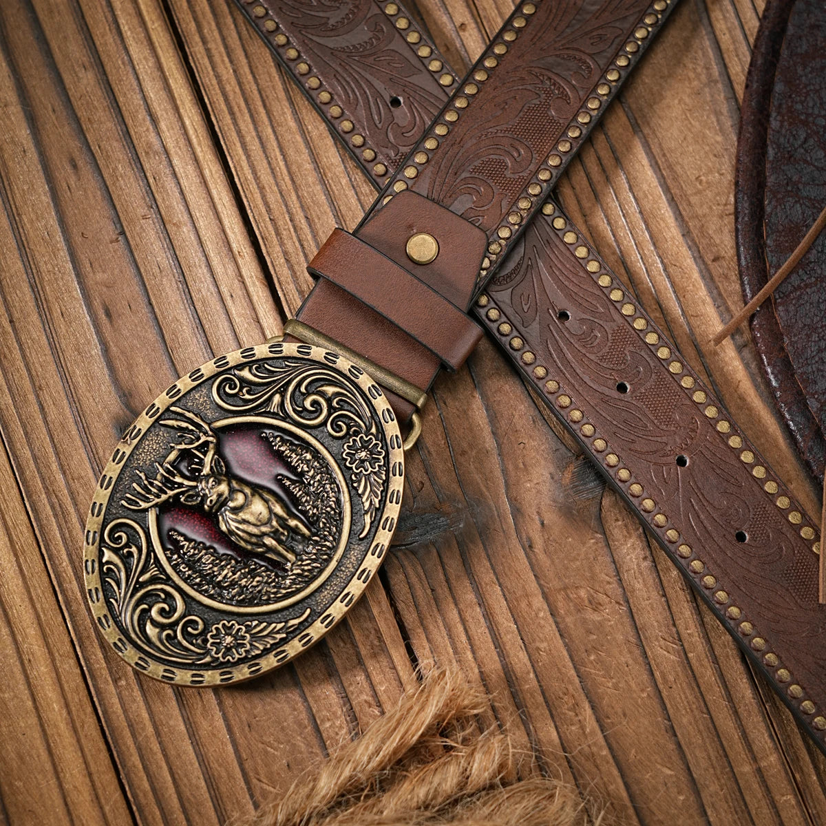 Men - Women - Western Denim - pu leather - Belt - Vintage jeans with floral carved buckle belt