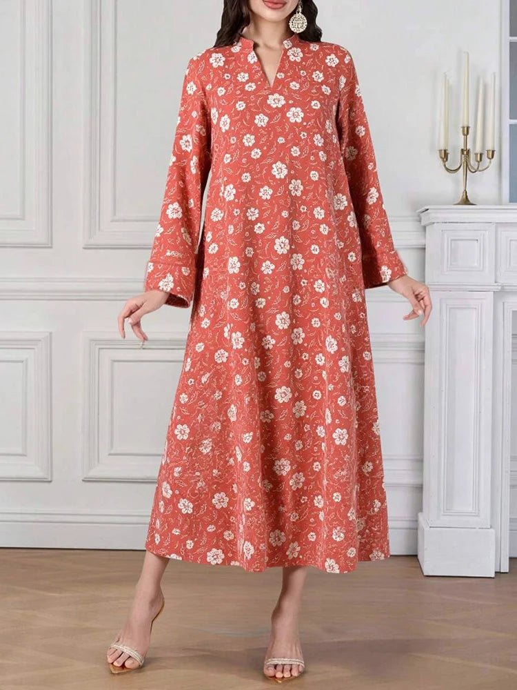 Rafiah Women's Arabian Dress Even Dress 2025 Summer Elegant Full Print Long Sleeve V-Neck Vacation Loose Fit Long Dress