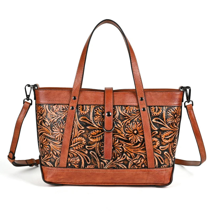 Vintage Embossed Leather Tote Bag for Women, Large Capacity Cowhide Shoulder Bag with Adjustable Strap, Handcrafted Work Purse