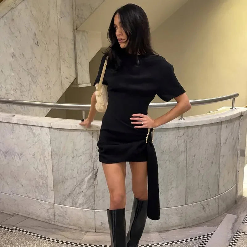 Women's Luxury Black Draped Mini Dress – Metal Buckle, O-Neck, Bodycon Fit