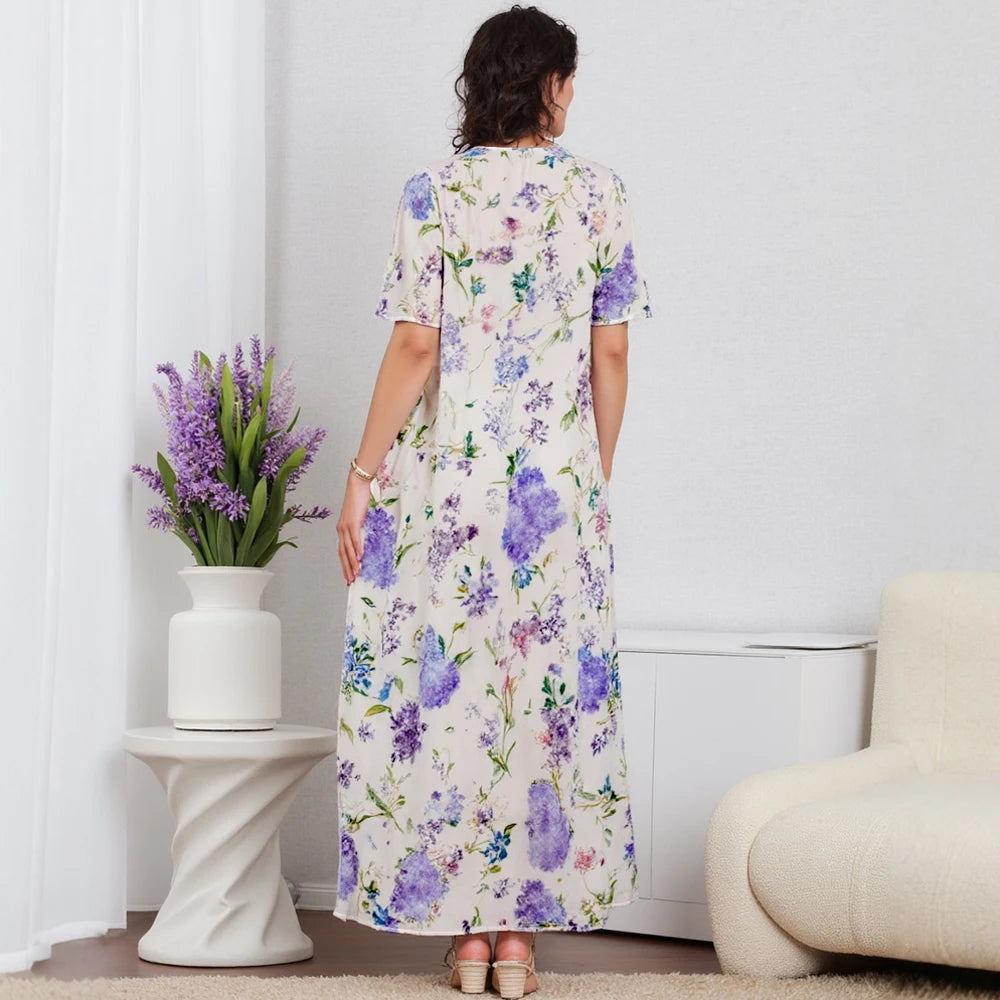 Rafiah Women's Summer Arabian Dresses Cultural Loose Floral Full Print Half Sleeve Keyhole Neckline Midi Casual Arabian Dresses