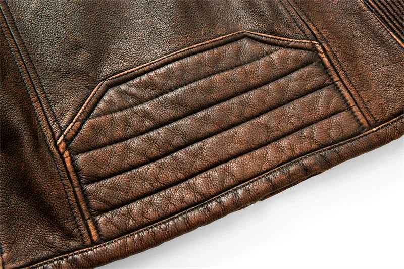 Men's Natural Leather Jacket First Layer Calfskin Stand Collar Motorcycle Jacket Retro Brown Cowhide Jacket Men‘s Biker Clothes