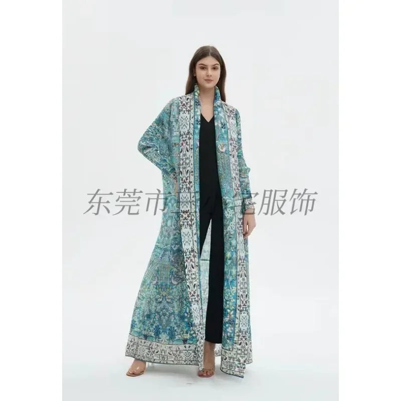 KAF Pleated Women Trench Coat Vintage Printed Cardigan Design Loose Plus Size Women Long Dress Dubai Female Luxury Abaya 2024
