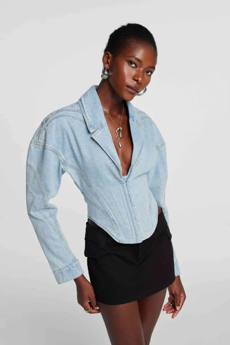 FMIYYOY Design sense women's fishbone denim jacket women's 25 spring new style high-end design sense short top regular style