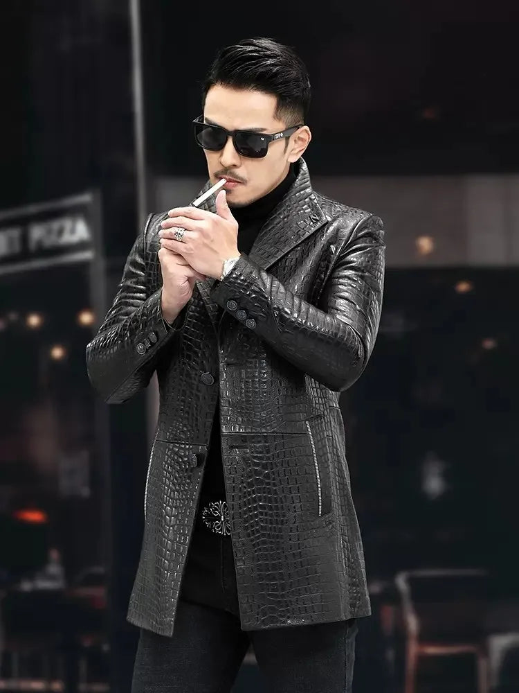 High Quality Luxury Genuine Leather Blazers Men Spring Slim Office Man Embossing Real Sheepskin Coat Suit Jacket Size Runs Small