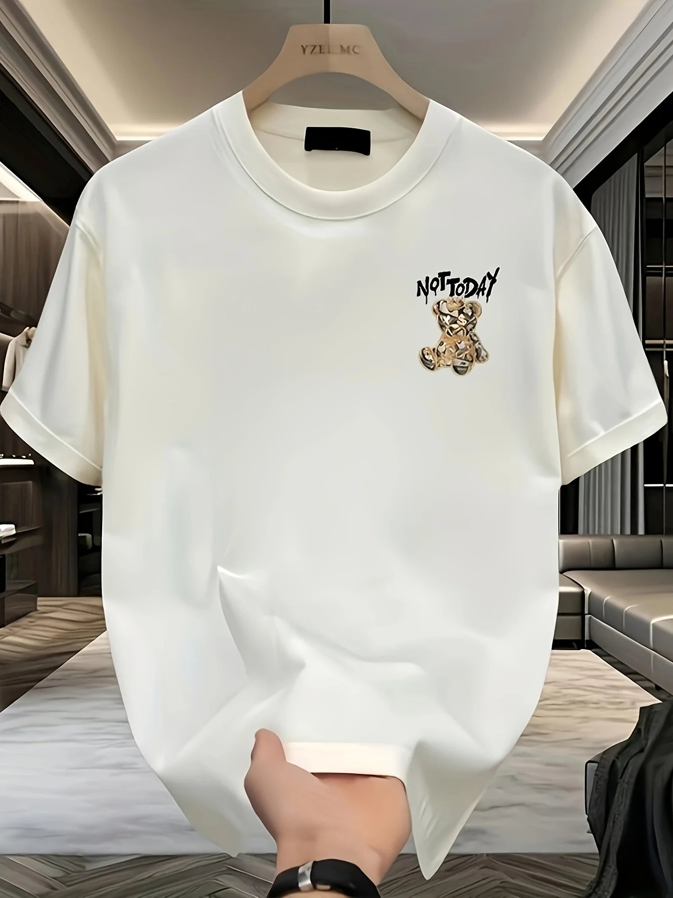 Men's summer 100% pure cotton fashionable casual sports loose cartoon bear 🐻 “Not Today” pattern printed round neck short sleeved T-shirt top