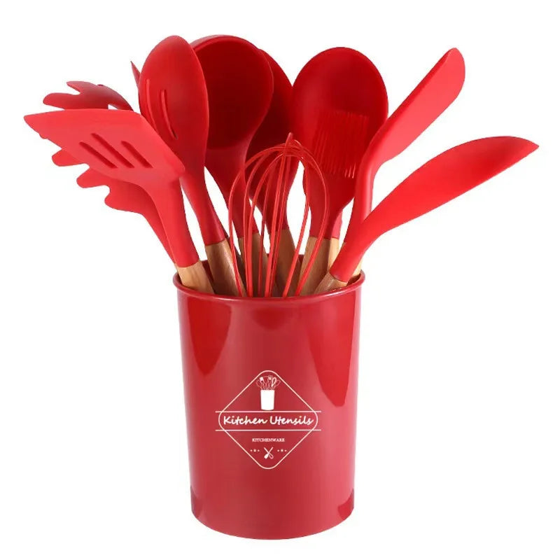 12Pcs Silicone Kitchen Utensils Cooking Wooden Handle Non Stick Pot Kitchenware Set Storage Bucket Silicone Kitchen Utensils