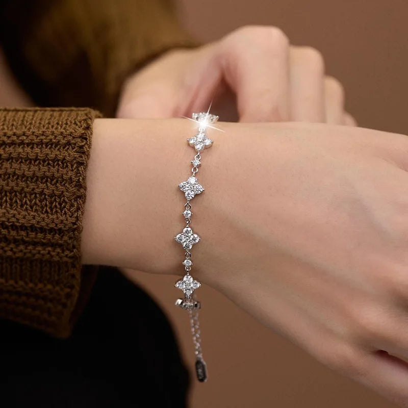 RAPRGOLD GRA Certified Moissanite Four Clover Flower Bracelets for Women 925 Sterling Silver Bracelet Chain Wedding Jewelry Gift