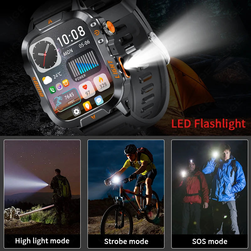 LIGE Military Smart Watch Men 1.96" Screen 3ATM Waterproof Bracelet Bluetooth Call AI Voice Sport Smartwatch With LED Flashlight