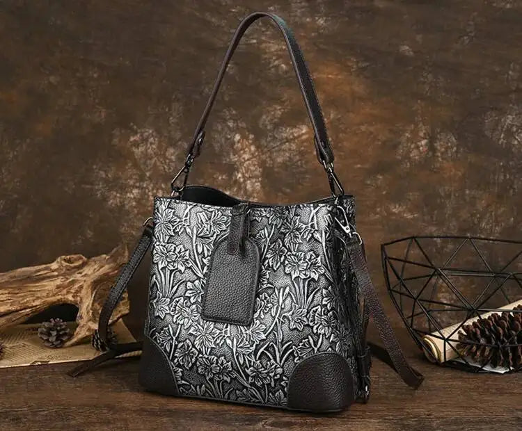 MOTAORA Retro Embossed Genuine Leather Women Shoulder Bucket Bag Luxury Cowhide Handbag Female New Large Capacity Crossbody Bags