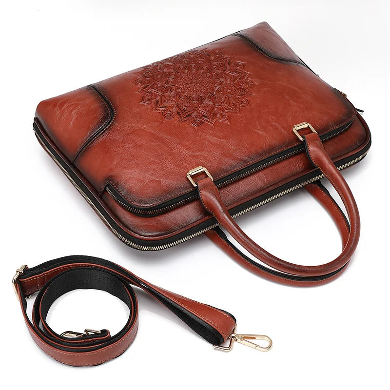 MOTAORA Genuine Leather Tote Bag for Women Embossed Cowhide Work Laptop Computer Bag Durable Office Handbag Stylish Purse