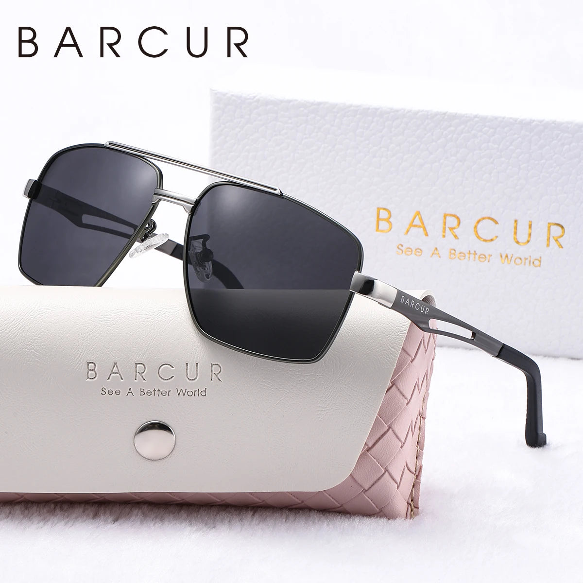 BARCUR Luxury Brand Square Men Polarized Sunglasses Stainless Steel Frame Metal Spring Feet Comfort Outdoor Activities Glasses