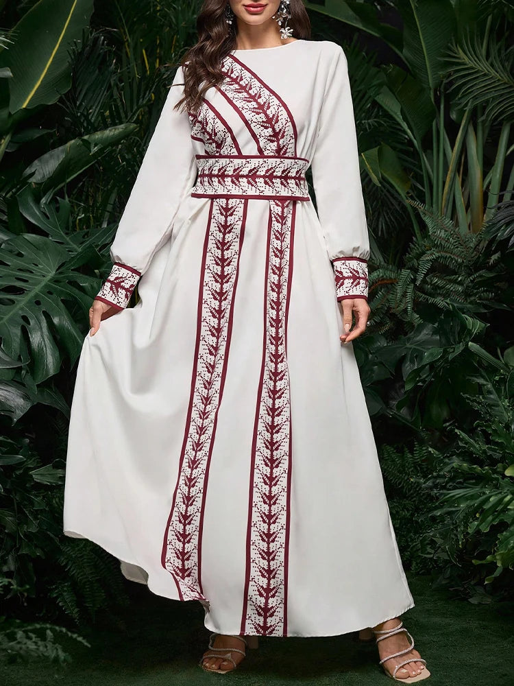 Rafiah Women's Dresses 2025 Long Sleeve Round-Neck Digital Print Arabic Style Dress Long Party Dresses