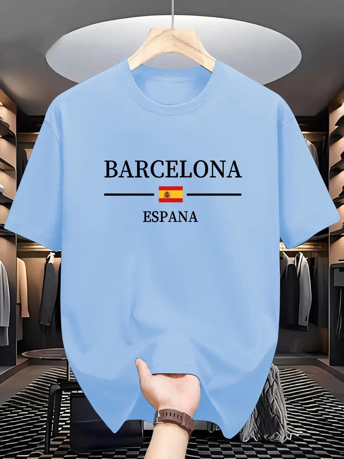 Summer men's 100% pure cotton casual sports loose Barcelona Spanish letter printed comfortable round neck short sleeved T-shirt