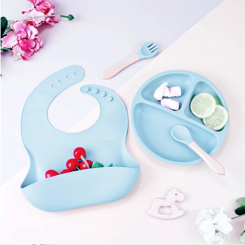9pcs Baby Silicone Feeding Waterproof Set Children Suction Bowl Plate Spoon Fork Bibs Cup Kids Training Tablewear Bpa Free Gifts