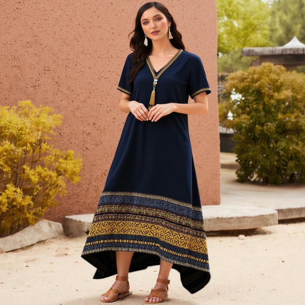 Rafiah Women's Summer Long Dress Arabian Casual Contrast Color Asymmetrical Draped Short Sleeve V-Neck Indie Folk Dress