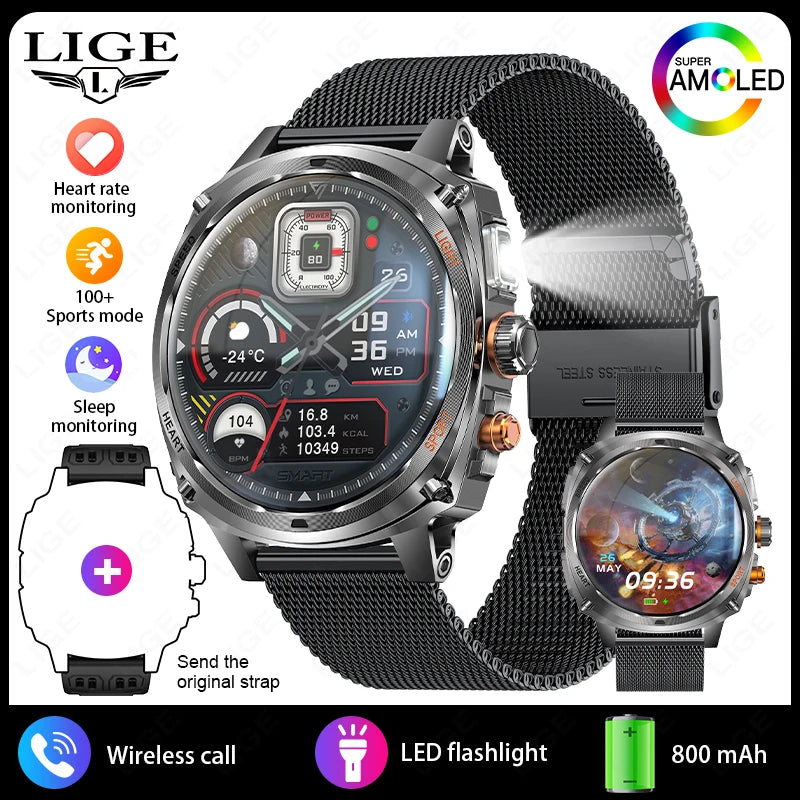 LIGE Rugged Military 1.75-inch AMOLED Screen Smart Watch With LED Flashlight 800mAh Battery Bluetooth Call Smart Watch Men Gift