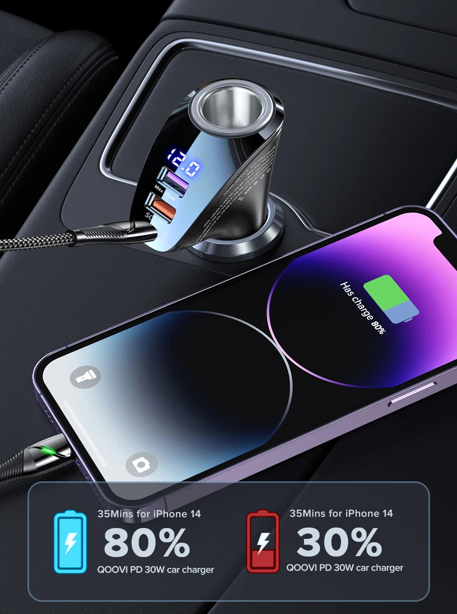 QOOVI 150W 4-Ports Car Charger USB Type C Super Fast Charging PD 4.0 Cigarette Lighter Socket For iPhone Xiaomi Samsung Huawei