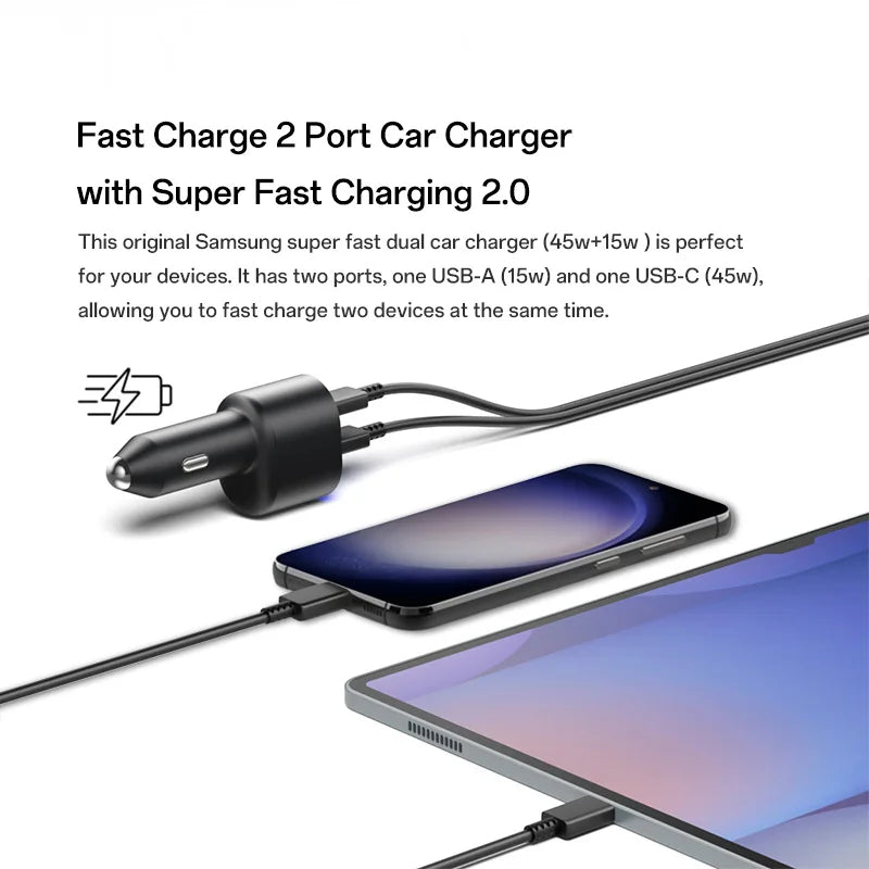 60W Samsung Dual Car Charger with Fast Charging 45W Usb C PD Auto Chargeur for S25 Ultra S25+ S24 Ultra S23 FE S22 A55 A15 A54