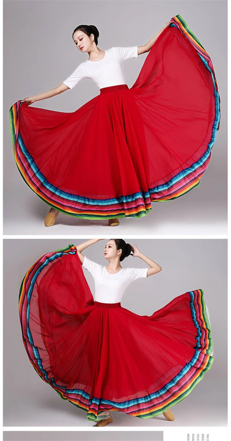 Streetwear Elegant Dance Performance Skirt Women Chiffon Skirts Rainbow-edge Elastic-Waist 720-Degrees Square Danc Maxi Skirts