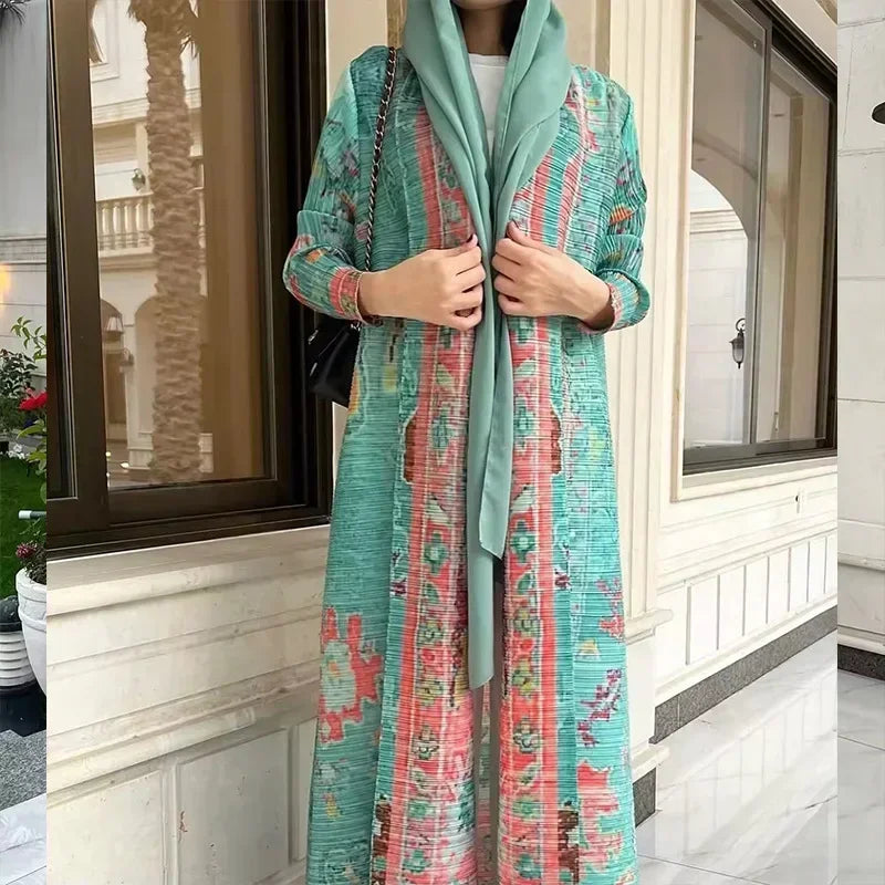 KAF Pleated Women Trench Coat Vintage Printed Cardigan Design Loose Plus Size Women Long Dress Dubai Female Luxury Abaya 2024