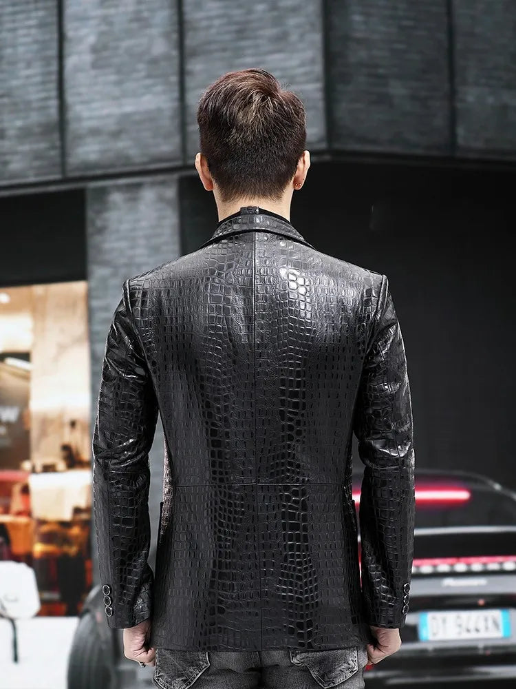 Luxury Business Men Alligator Pattern Genuine Leather Jacket Spring New Single Breasted Slim Fit Real Sheepskin Blazer Suit Coat