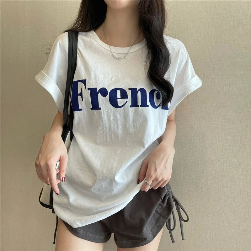 Loose ort Sve T-irt Women's Summer Thin Design Sense Hong Kong Sle Chic Retro Top Trendy round Ne Polyester ...