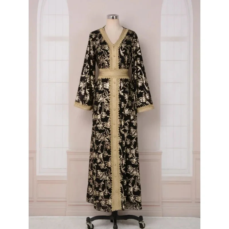 KAF Dubai Luxury Evening Party Dress 2025 Spring Fall New V-neck Long Sleeve Retro Printing Design Loose Large Size Female Abaya