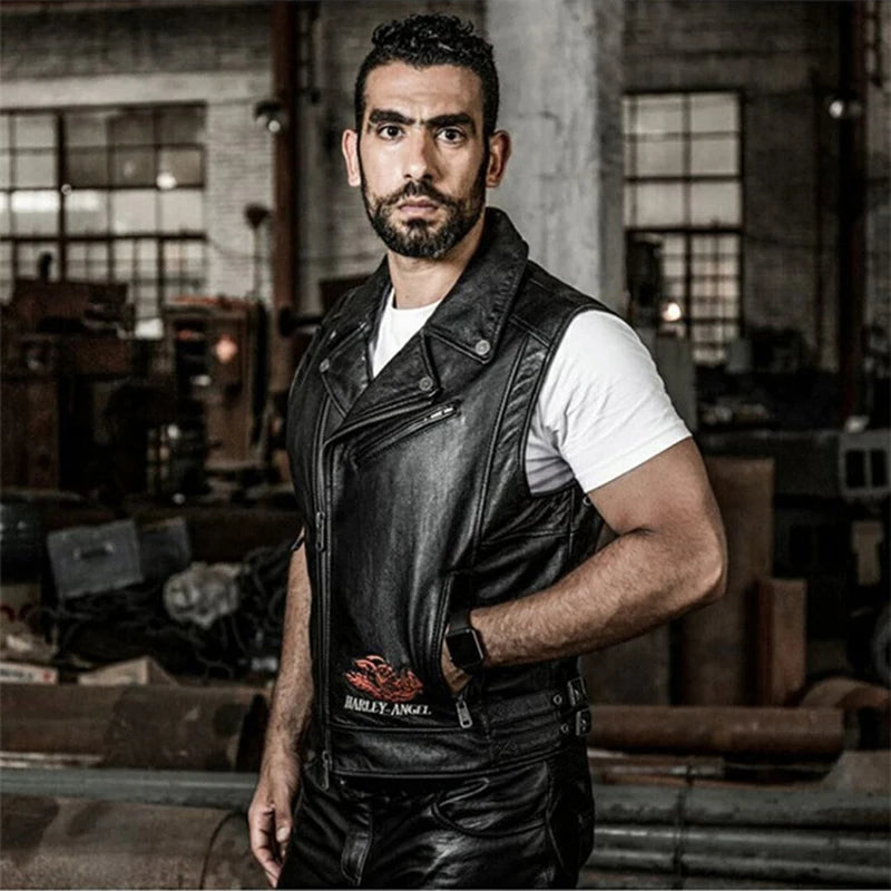 Slim street leather undershirt casual head layer cowhide vest men women couple models motorcycle sleeveless jacket