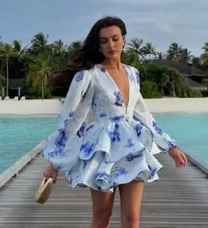 Floral Ruffled Hem Mini Dress – Women’s Deep V-Neck Lantern Sleeve Elegant Party Outfit