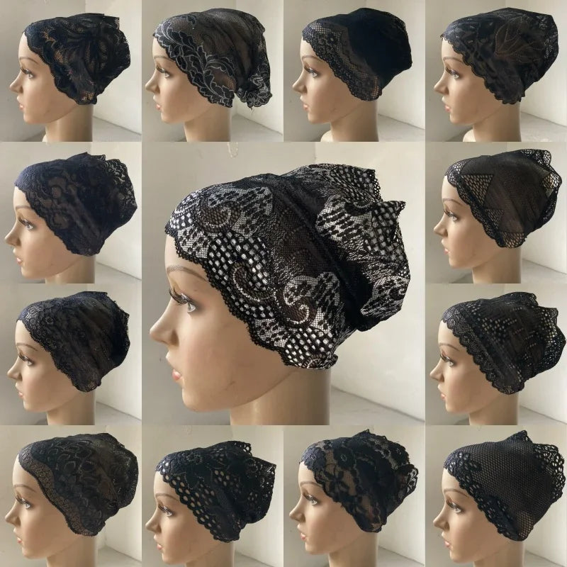 Full Cover Head Inner Cap Flower Lace Muslim Headscarf Islamic Headwear Underscarf Turban Indian Hat Pattern In Random