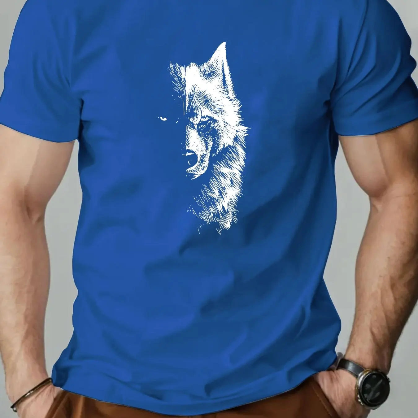 🐺 Men’s Summer 100% Cotton Casual T-Shirt,Half Wolf Pattern Print | Loose Fit | Round Neck | Breathable Comfort