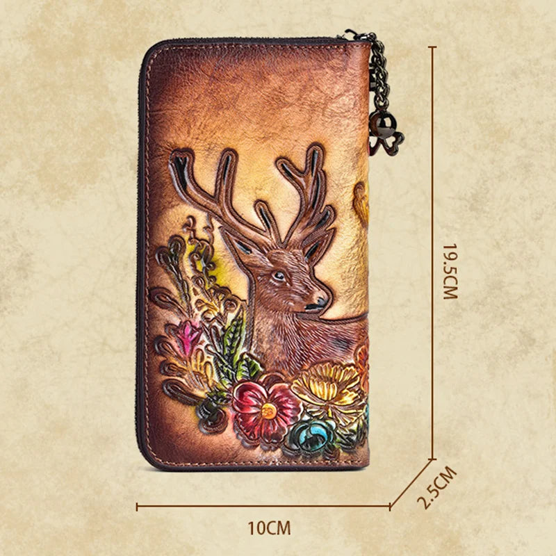 MOTAORA Vintage Women Long Wallets Deer Pattern Bag 2025 Genuine Leather Handmade Embossing Ladies Wallet Phone Bags Woman Purse