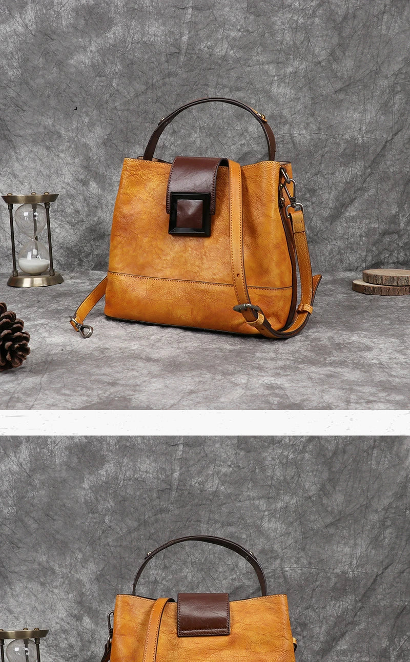 MOTAORA Women's Vintage Bucket Bag Genuine Top-Grain Leather Handmade Purse Luxury Designer Casual Office Travel Shoulder Bag
