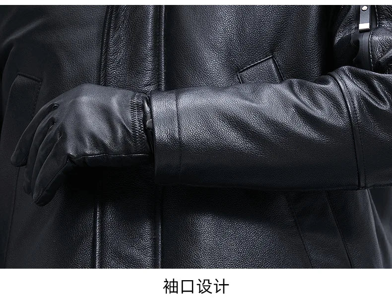 Men's Leather Down Coat, Mid Length, Hooded, Thick Warm Jacket, Large Size Outerwear, Business Male Coat, Winter