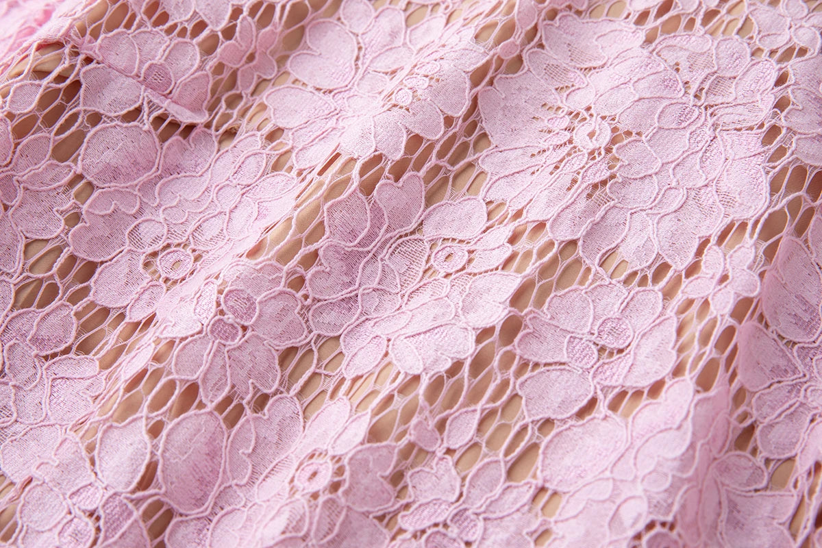 Luxury Eyelash Lace Mid-Calf Party Dress – Women’s Summer Short Sleeve A-Line with Crystal Beading, Hollow-Out Design – Pink Bridesmaid & Prom Gown