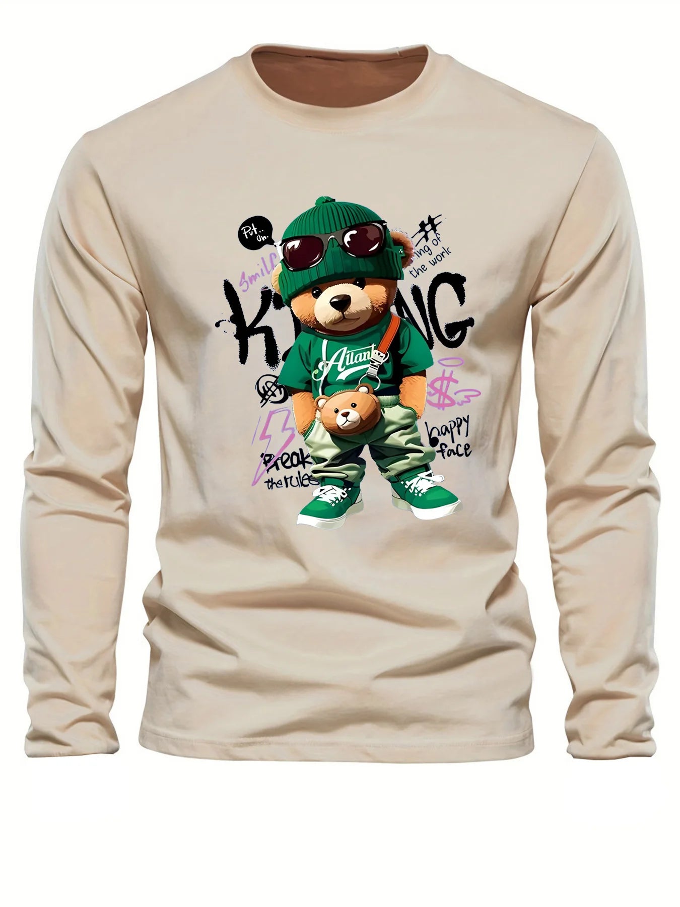 Men's 100% pure cotton loose and comfortable sports casual fashion cartoon bear print round neck long sleeved T-shirt top