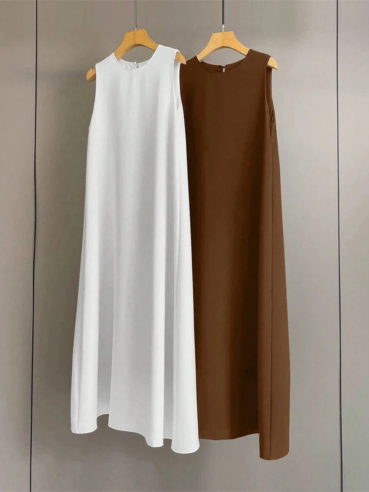 Rafiah Spring Summer Simple K-Fashion Casual Arabic Style Dress Sleeveless Round Neck Solid Color Shift Midi Daily Shift Dresses