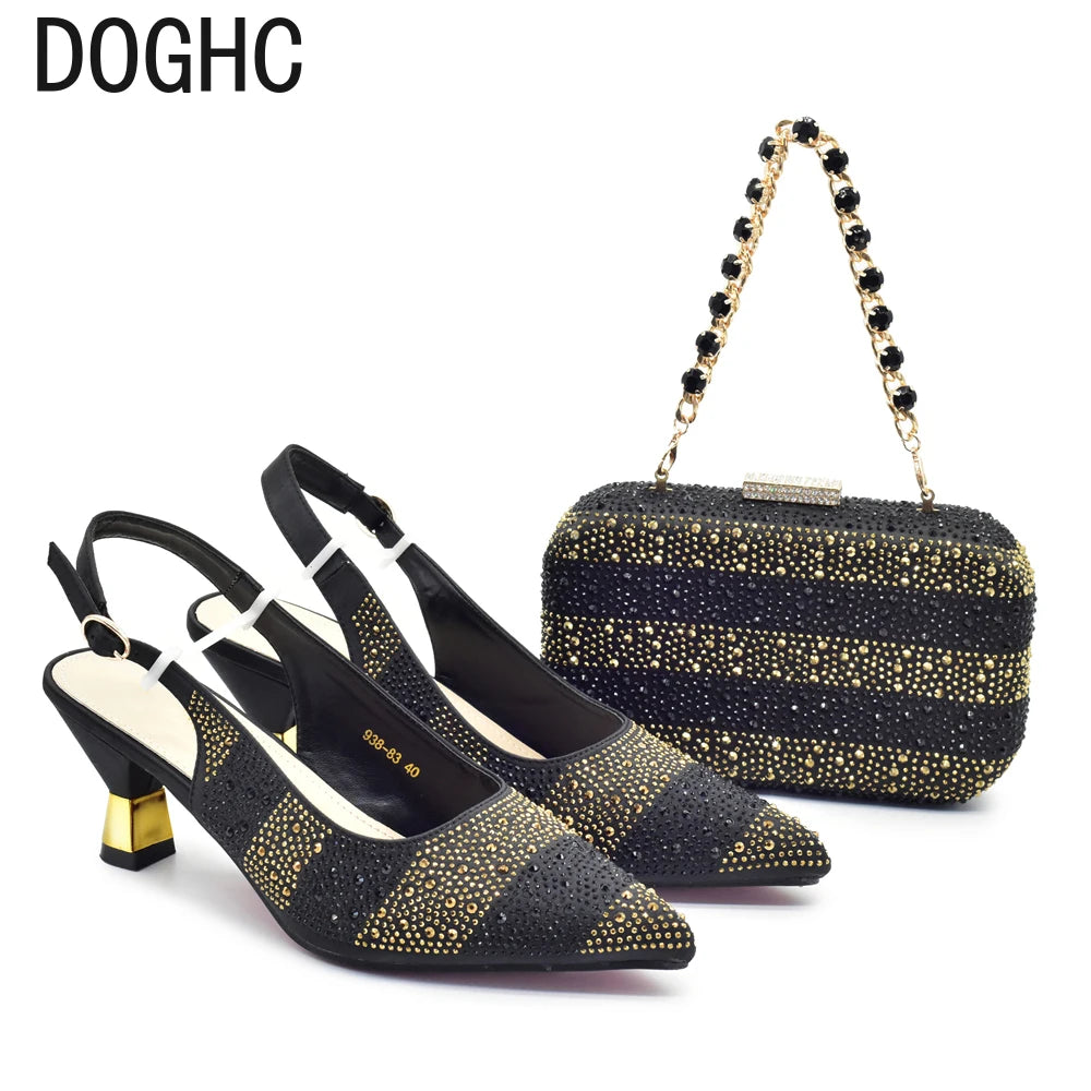 African Shoe and Bags Set for Wedding Women Shoes and Bags To Match Set with Rhinestone Italy Lady Pumps Women Shoes Luxury