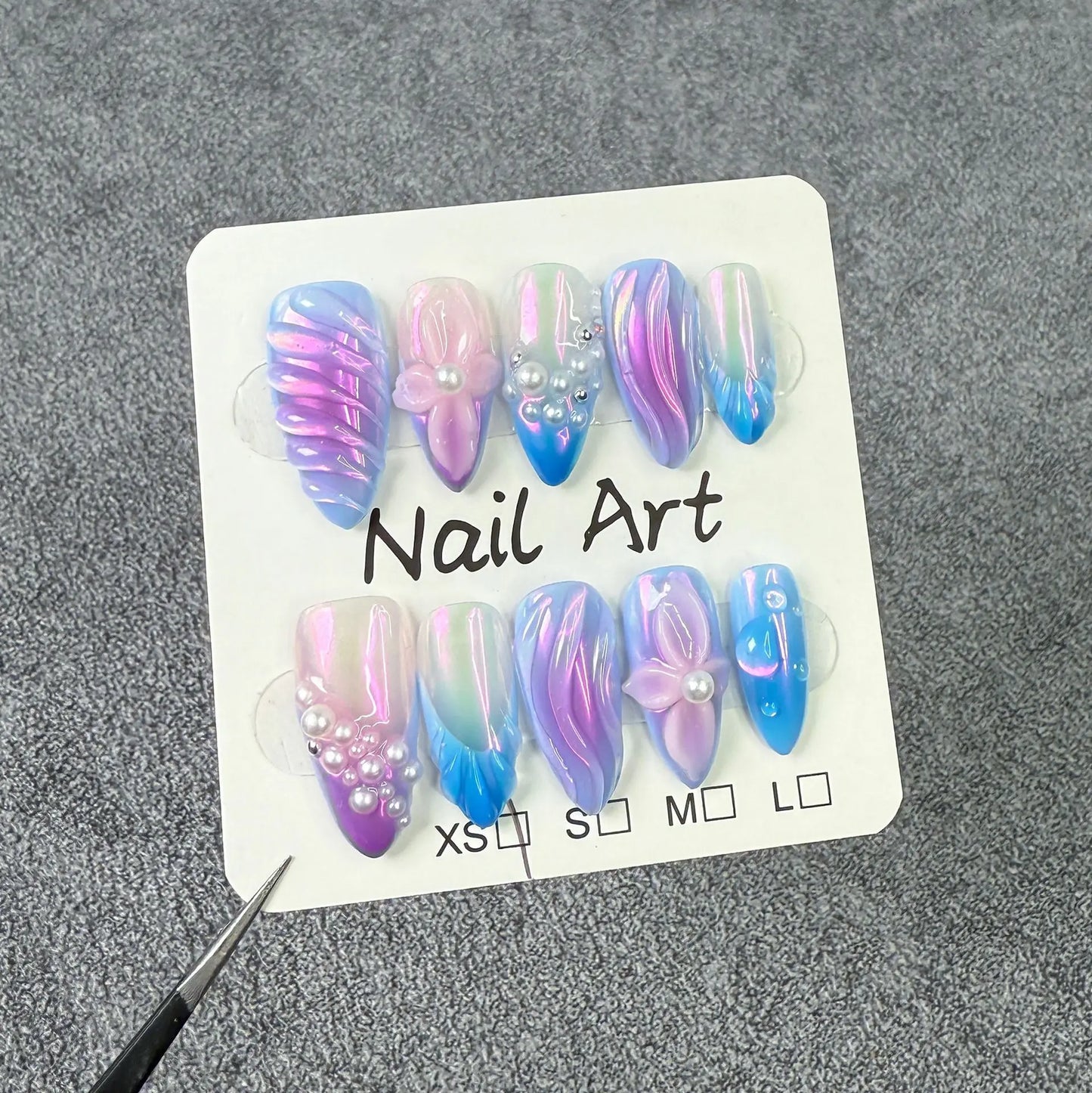 Handmade Short Press on Nails with Charms 3D Rhinestone Almond Reusable False Nails with Design Acrylic Fake Nail for Girls
