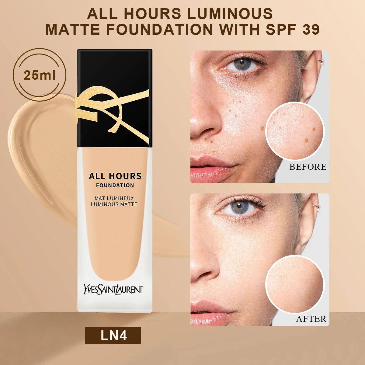 Yves Saint Laurent All Hours Foundation Full Cover Luminous Matte-All Day Long Wear SPF 20 #LC1 #LC2 #LN1 #LN4 - 0.84 fl.oz./25m