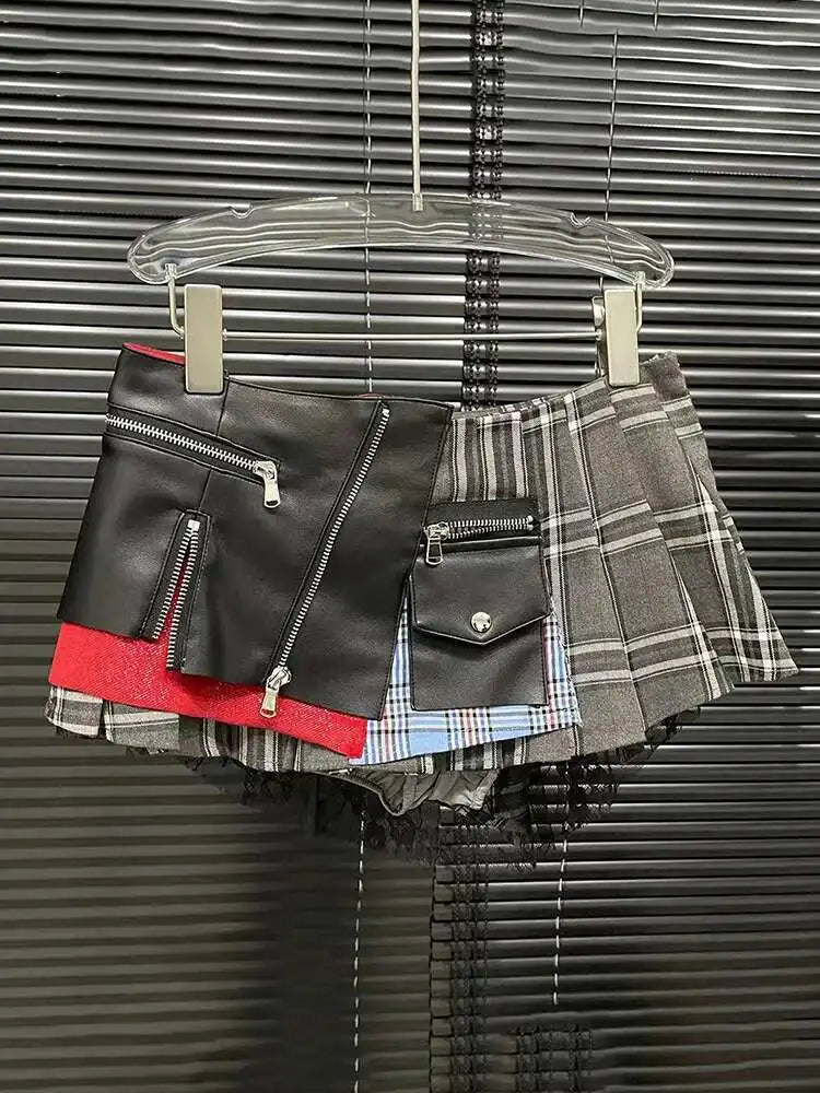 DEAT Fashion Trendy Women's Patchwork Plaid Design Pleated Mini Skirts 2025 Summer New High Waist A-line Skirt Female 29L7565