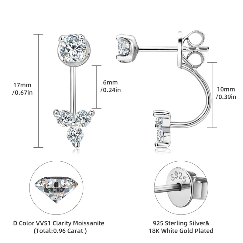 Lnngy Front Back Double Sided Moissanite Stud Earring Pendientes Plata 925 Sterling Silver Earrings For Women 2 in 1 Ear Jewelry